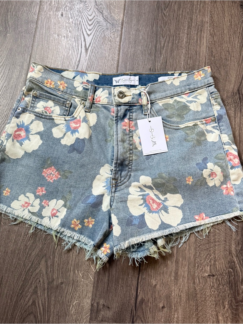 Floral Denim Frayed Hem high rise Shorts - Blue